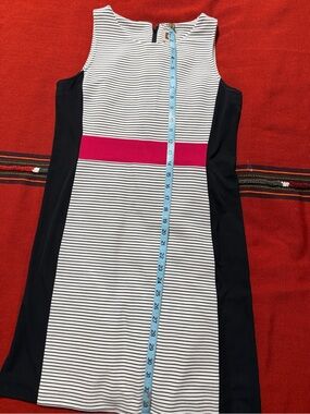 Anne Klein Black & White Striped Dress with Pink Waistband